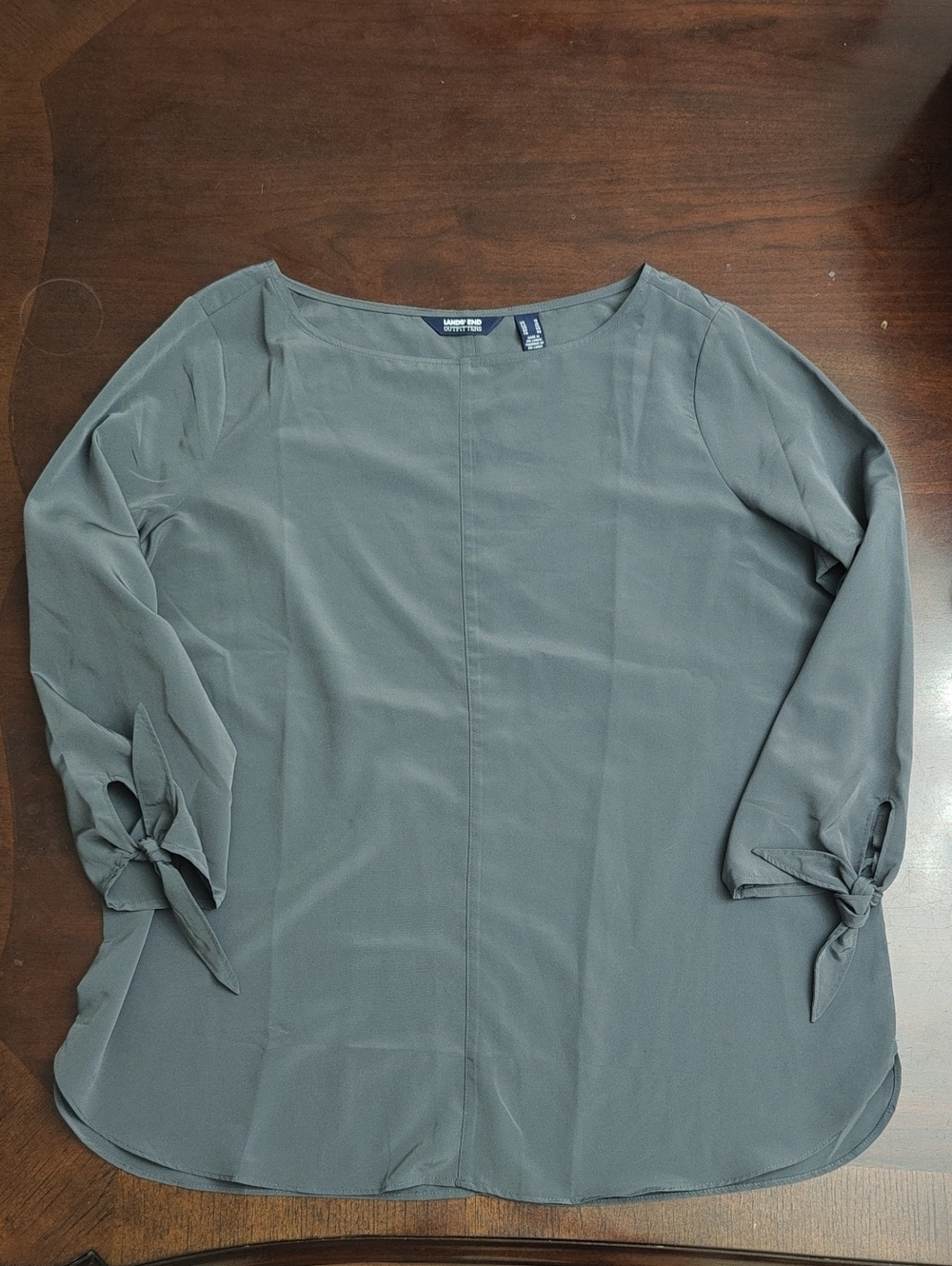 Lands' End Slate Gray Boatneck Blouse with Tie Sleeve Detail Women's Sz 18